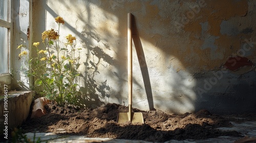 Garden shovel resting in freshly turned soil surrounded by colorful flowers i...