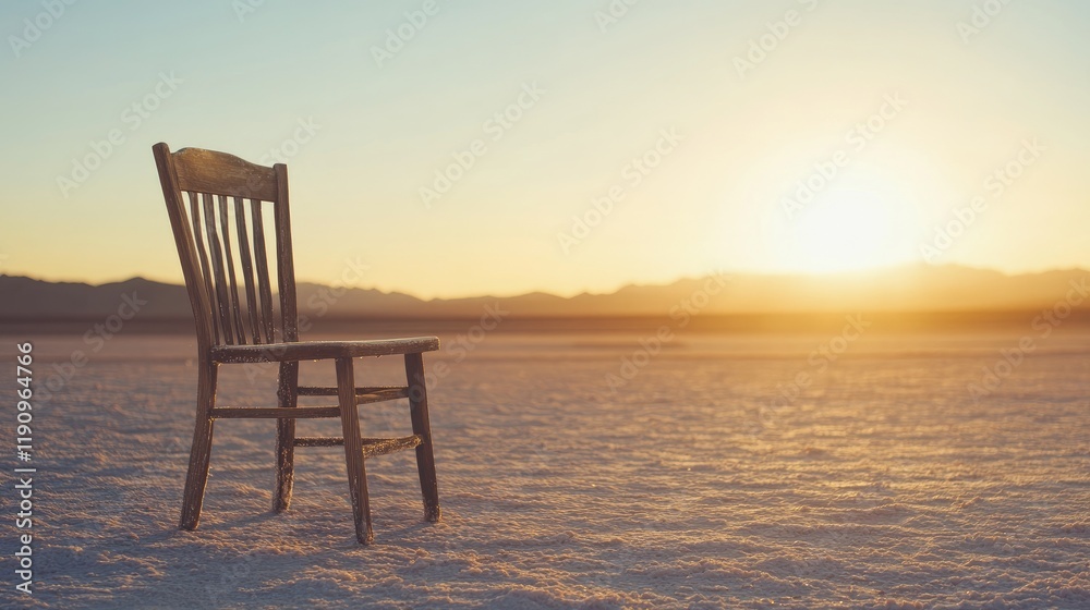 A weathered wooden chair stands alone in a vast salt desert, bathed in the warm glow of soft sunlight, creating a moment of quiet reflection A weathered wooden chair stands alone in a vast salt desert, bathed in the warm glow of soft sunlight, creating a moment of quiet reflection