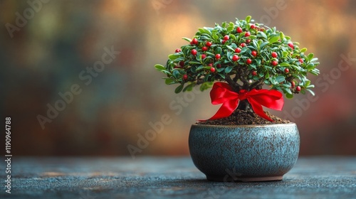 Bonsai tree decorated with red berries and a ribbon on a simple surface