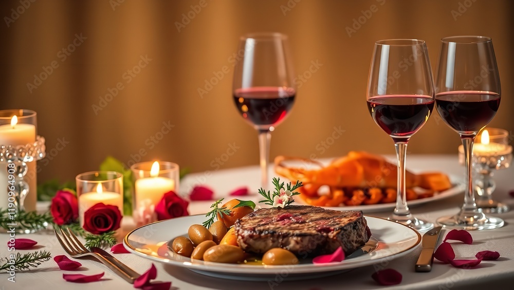 Romantic Dinner Setting: Grilled Steak and Lobster Tail with Red Wine, Candles, and Elegant Table Setting. Perfect for Valentine's Day or Anniversary Romantic Dinner Setting: Grilled Steak and Lobster Tail with Red Wine, Candles, and Elegant Table Setting. Perfect for Valentine's Day or Anniversary