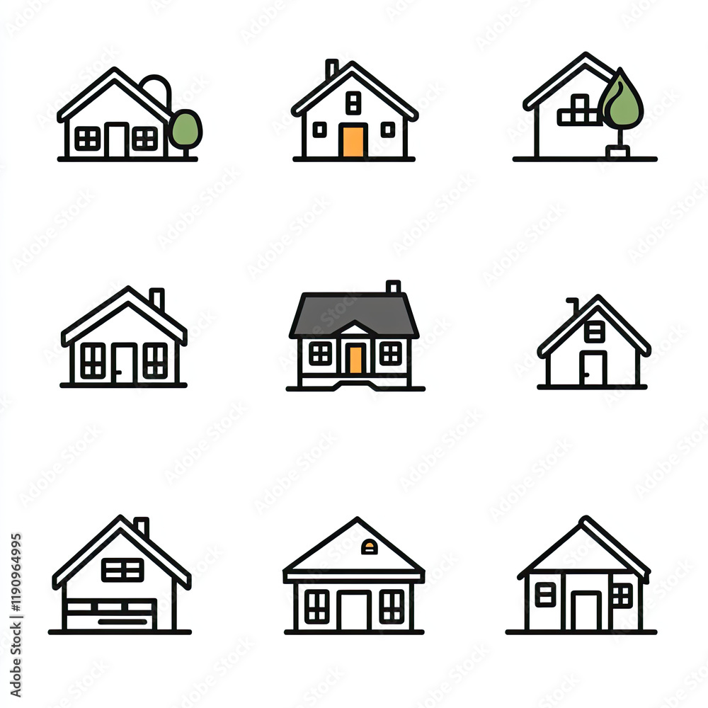 Stylish Home Construction Icons Set in Vector Art Style with Clean Black Outlines for Real Estate Websites Stylish Home Construction Icons Set in Vector Art Style with Clean Black Outlines for Real Estate Websites