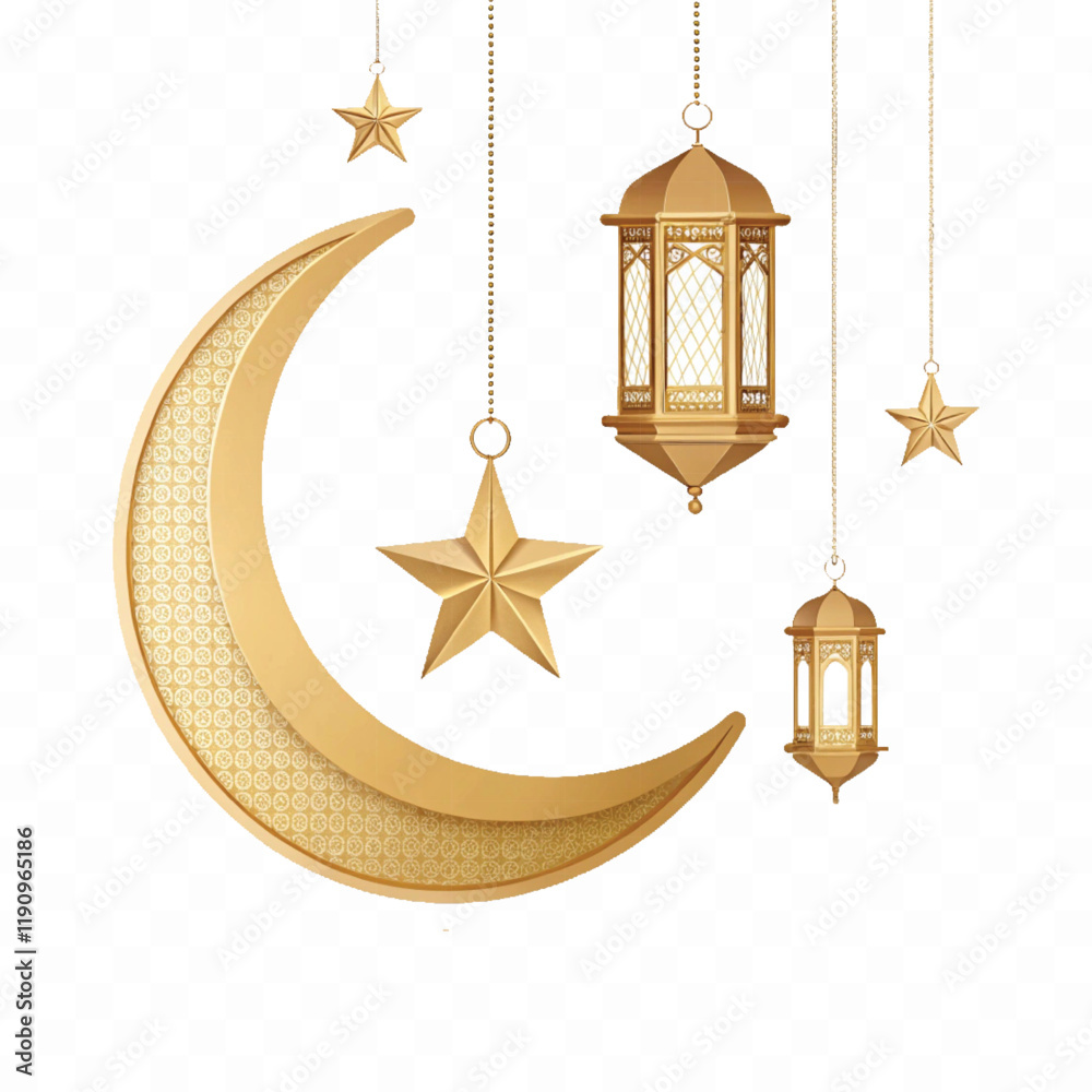 abstract 3d Crescent moon, lantern and star hanging in 3d light purple color. Decorative vector elements for Muslim holidays. Isolated on a white background