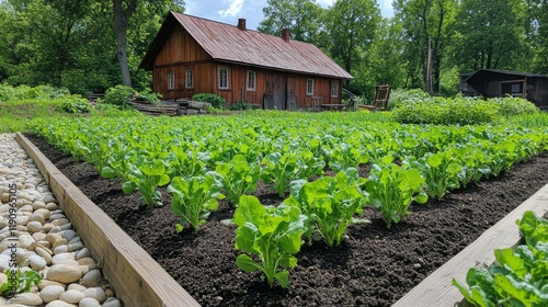 Home vegetable garden with healthy greens in raised beds during sunny weather