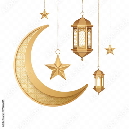 abstract 3d Crescent moon, lantern and star hanging in 3d light purple color. Decorative vector elements for Muslim holidays. Isolated on a white background
