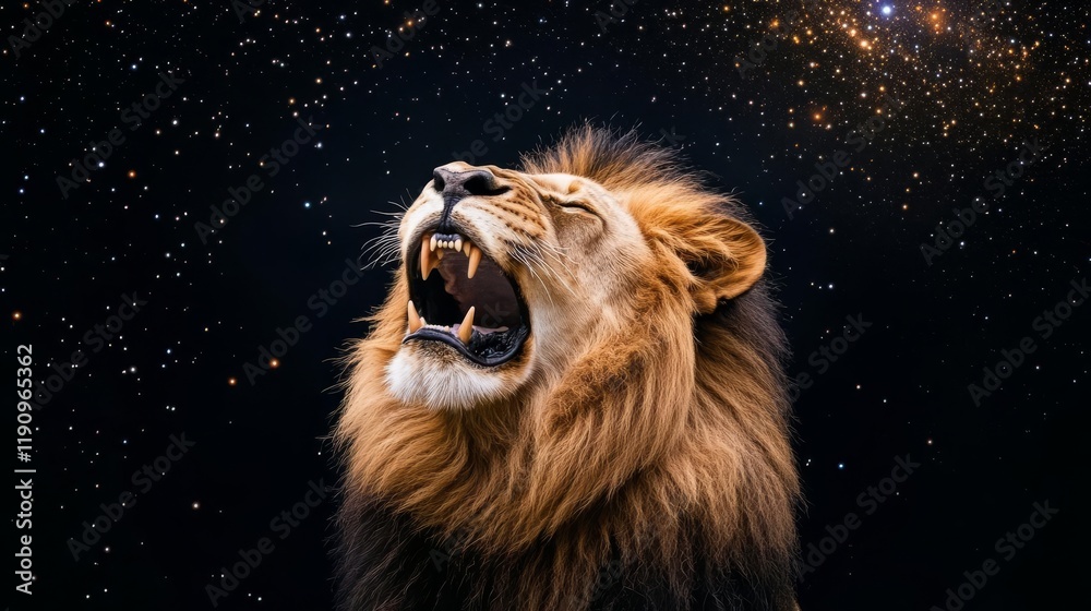 Naklejka premium Lion roaring under a meteor shower, its form radiating cosmic power