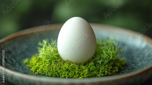 Fresh white egg displayed on green moss in a rustic bowl