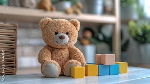 Soft teddy bear sitting on a table surrounded by colorful blocks in a cozy pl...