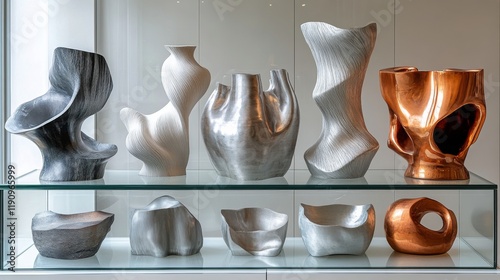 Unique abstract sculptures displayed on glass shelves in an artistic setting