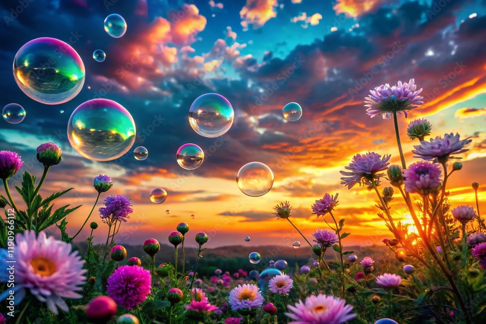 Pink & Blue Sunset Sky, Shiny Flowers, Floating Bubbles - Dreamy Landscape Pink & Blue Sunset Sky, Shiny Flowers, Floating Bubbles - Dreamy Landscape