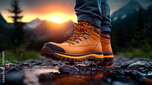 Adventure hiking boots on a rugged mountain trail. Generative AI photo