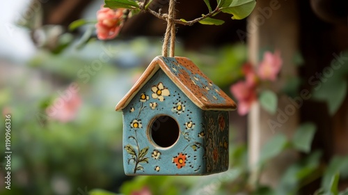 Colorful birdhouse hanging on a tree branch surrounded by autumn leaves