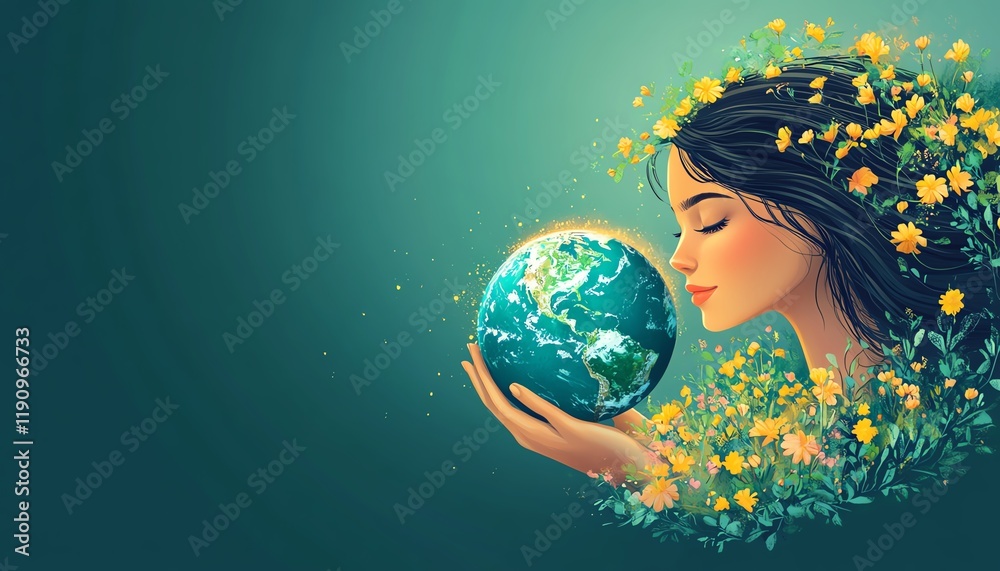Naklejka premium Mother Earth as a young woman gently holding the globe with love and protection, symbolizing nurturing care for the environment, conceptual generative AI illustration