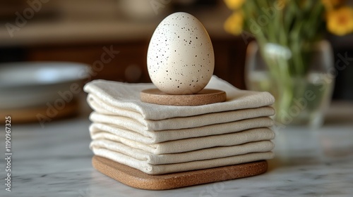 Elegant kitchen setup with a natural aesthetic featuring towels and a decorat...