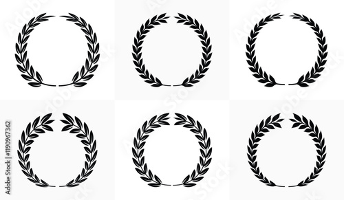 Circular laurel wreath set. Emblem floral, Greek branch of oak leaves, eucalyptus leaf, Wheat, winner award, champion and flower vector design