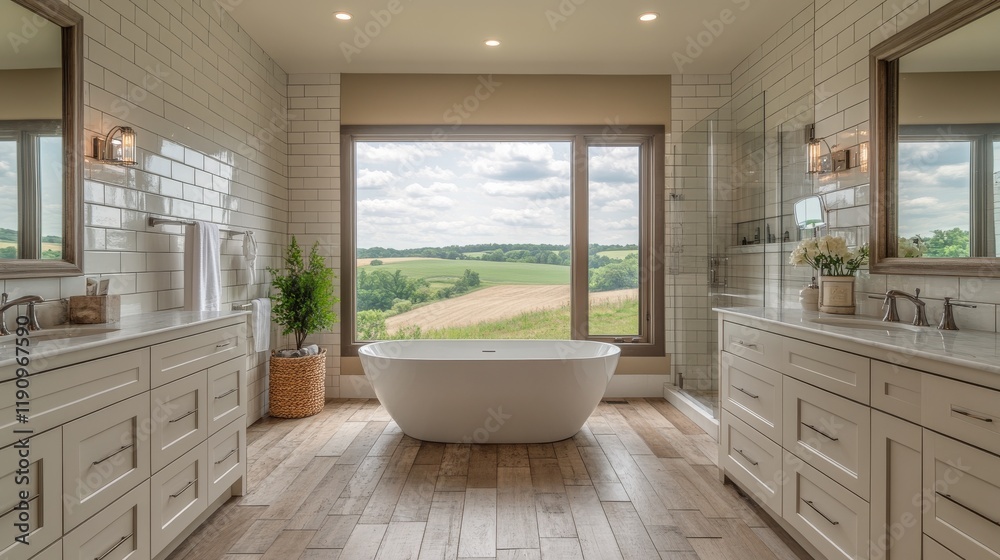 Fototapeta premium Elegant bathroom featuring freestanding tub with scenic countryside view through large windows