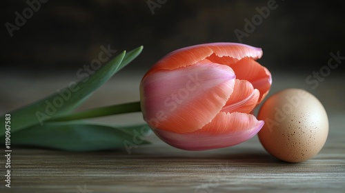 Colorful tulip beside a soft brown egg on a wooden surface in natural light