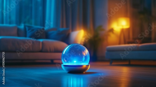 Futuristic Blue Lamp in Modern Living Room. Generative AI photo