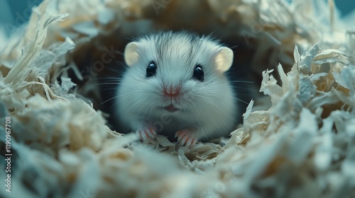 Cute small rodent peeking out from a crumpled paper tunnel in a cozy environment