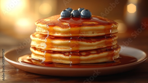 Fluffy pancakes served with lemon slices and blueberries on a white plate