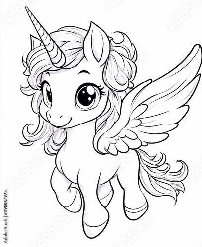 coloring pages for children 4-6 years old depicting a kawaii Unicorn with space for text Black and white children's style, clean and simple lines, no shading,


