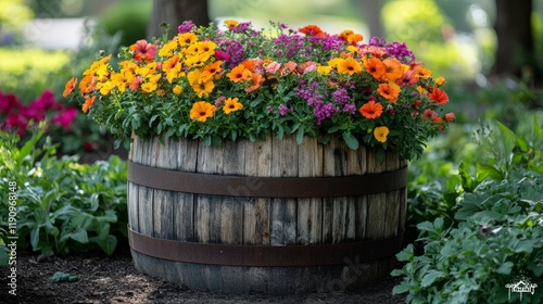 Vibrant orange and pink flowers blooming in a rustic barrel planter in a lush...