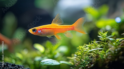 Colorful goldfish swimming gracefully among aquatic plants in a serene underw...