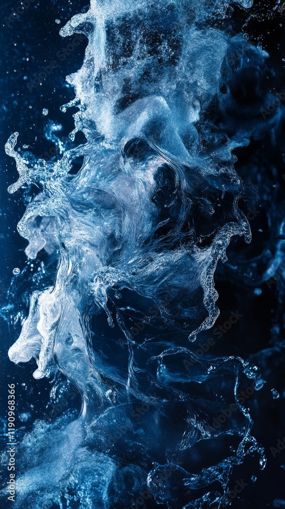 Obraz premium A captivating image captures the beauty of clear water splashing against a deep blue backdrop, showcasing the vibrant energy and motion of wave crests and droplets in fluid harmony