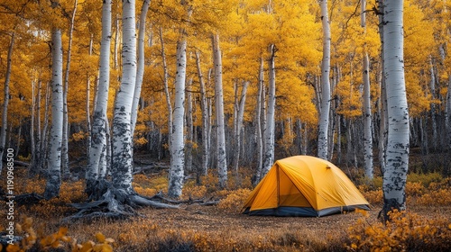 Bright yellow tent nestled among golden autumn trees in a serene forest setting