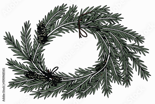 Christmas wreath, evergreen branches, circular shape, pine needles, festive decoration, winter holiday, natural greenery, white background, realistic texture, high detail, studio lighting, isolated ob