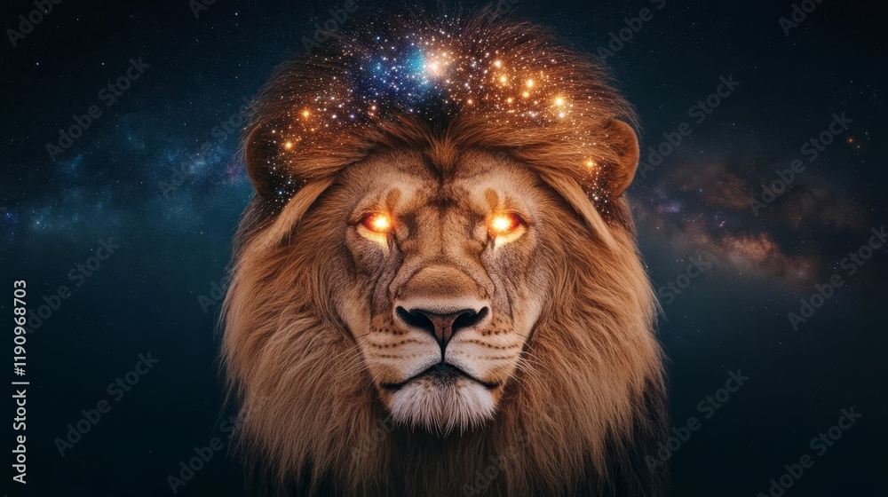 Lion with a cosmic mane of stars and galaxies, glowing eyes radiating celestial energy Lion with a cosmic mane of stars and galaxies, glowing eyes radiating celestial energy