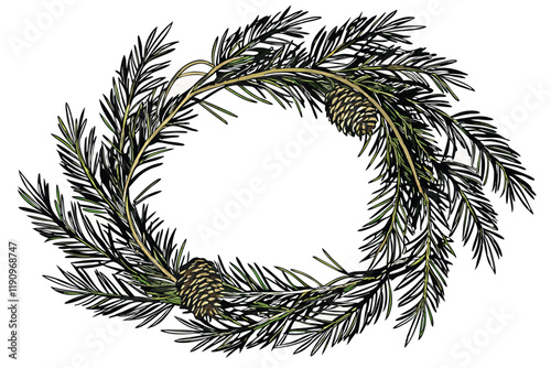 Christmas wreath, evergreen branches, circular shape, pine needles, festive decoration, winter holiday, natural greenery, white background, realistic texture, high detail, studio lighting, isolated ob