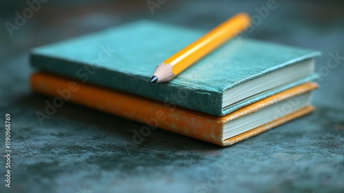 Writing tools on a textured surface with a focus on two colorful notebooks an...