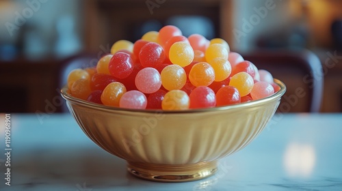 Colorful candy balls displayed in a shiny golden bowl against a soft blue bac...