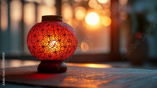 Softly glowing red lantern against a backdrop of sunlight filtering through w...