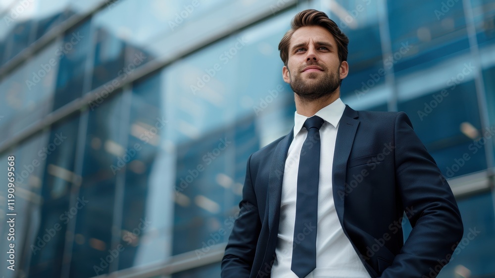 A confident businessman stands in front of a modern glass building, dressed in a stylish suit, exuding professionalism and determination. A confident businessman stands in front of a modern glass building, dressed in a stylish suit, exuding professionalism and determination.