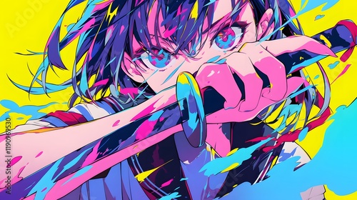 A dynamic anime character with an intense expression, holding a knife, rendered in a colorful anime style.