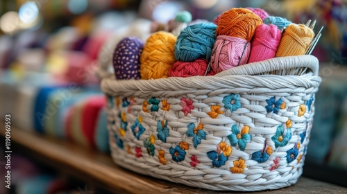 Colorful yarn in a decorative basket at a crafting market with various suppli...