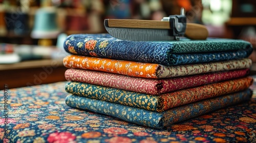 Colorful stacked fabrics on a blue table with scissors and flowers in a vase ...