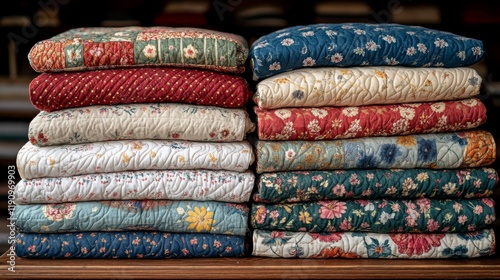 Colorful quilts stacked neatly in a creative display showcasing intricate flo...