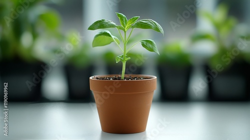 Small green plant grows in a brown pot on a table surrounded by other plants ...