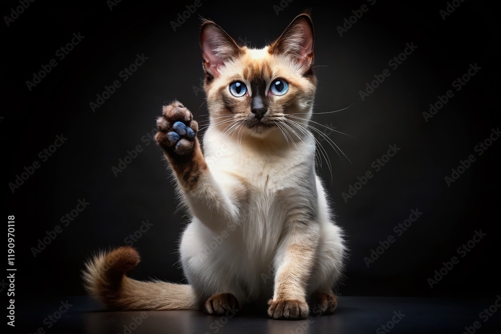 Playful Mekong Bobtail Cat Raising Paw, Isolated on Black Background, Colorpoint Fur Playful Mekong Bobtail Cat Raising Paw, Isolated on Black Background, Colorpoint Fur