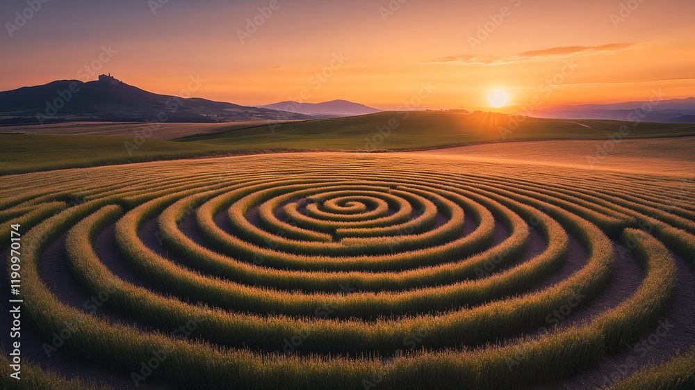 Serene Spiral Labyrinth Framed by Picturesque Sunset Landscape Serene Spiral Labyrinth Framed by Picturesque Sunset Landscape