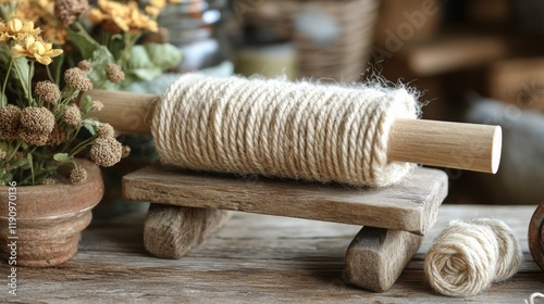 Handmade wooden loom for weaving with delicate fabric resting on it in a brig...