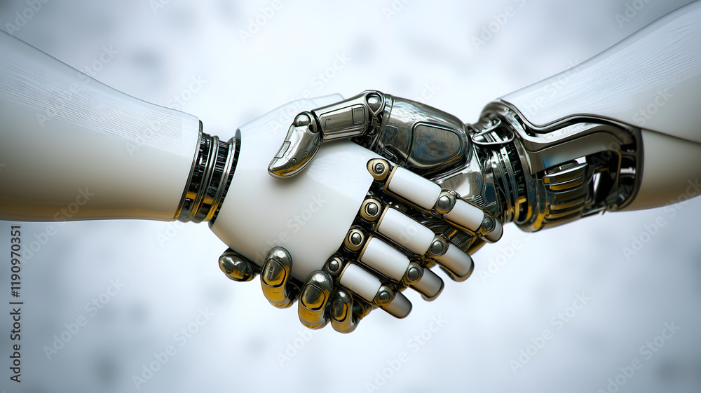 Naklejka premium Two robotic hands engage in a handshake.
