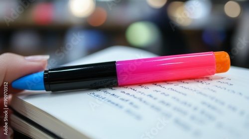 Brightly colored pen placed on a notebook with handwritten notes in a study e...