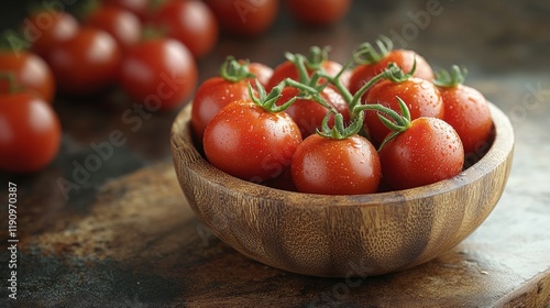Fresh tomatoes in a wooden bowl ready for cooking or snacking in a rustic kit...