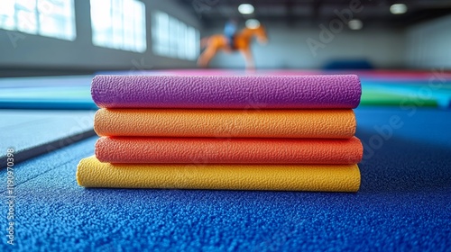 Colorful exercise mats arranged neatly in a gym during a training session