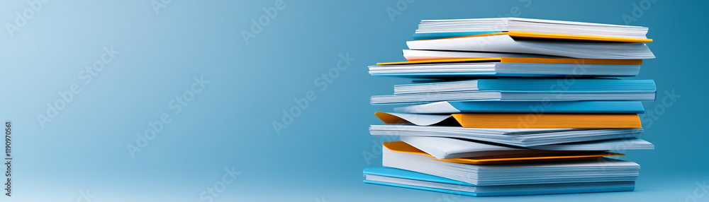 Stack of colorful folders and documents on a blue background, symbolizing organization. Stack of colorful folders and documents on a blue background, symbolizing organization.