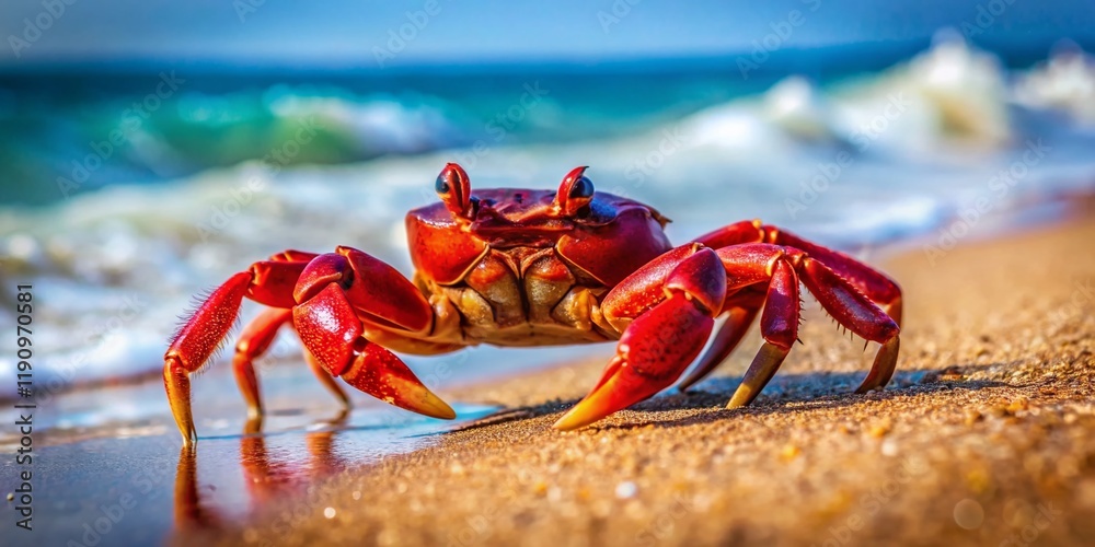 Playful Red Crab Scuttling on Sunny Beach - Vibrant Summer Stock Photo Playful Red Crab Scuttling on Sunny Beach - Vibrant Summer Stock Photo