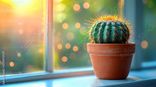 Cactus in terracotta pot near window with soft natural light illuminating its...